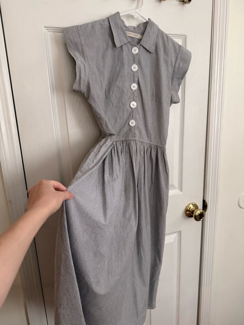 Christy Dawn Piper White and Light Gray Striped Midi Dress